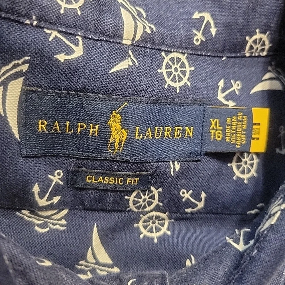 Polo Ralph Lauren Shirt‎ Mens XL Blue Classic Allover Geometric Anchor Sailboat